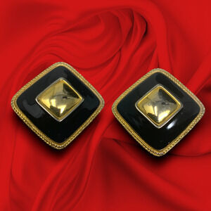 Vintage 1980s Premier Black & Gold Tone Oversized Square Earrings Clip On Mogul